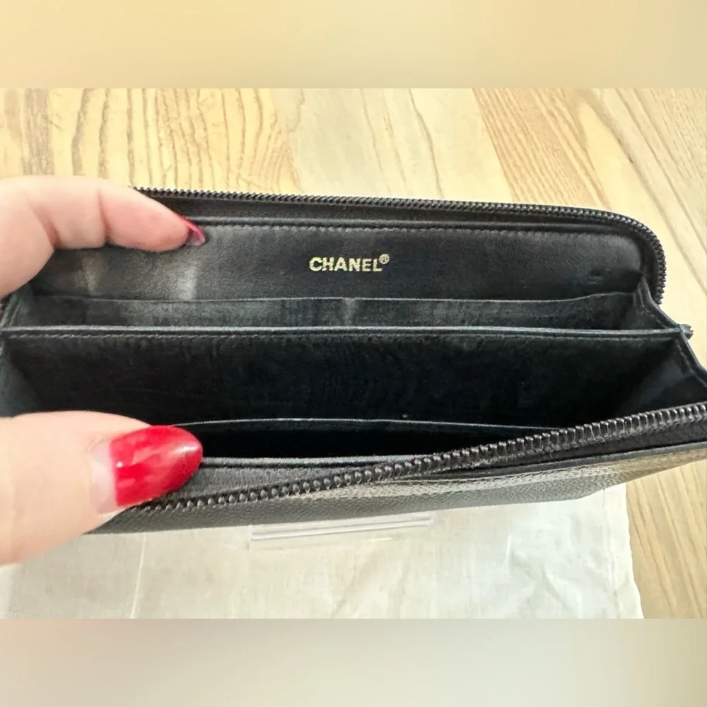 CHANEL Black Caviar Leather Zip Long Wallet